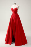 Rosso Ball-Gown Spaghetti Straps Lace Up Back Abito da cerimonia lungo con fessura