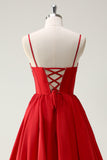 Rosso Ball-Gown Spaghetti Straps Lace Up Back Abito da cerimonia lungo con fessura