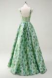 Scintillante verde floreale A-Line Spaghetti Straps lungo Abito da cerimonia