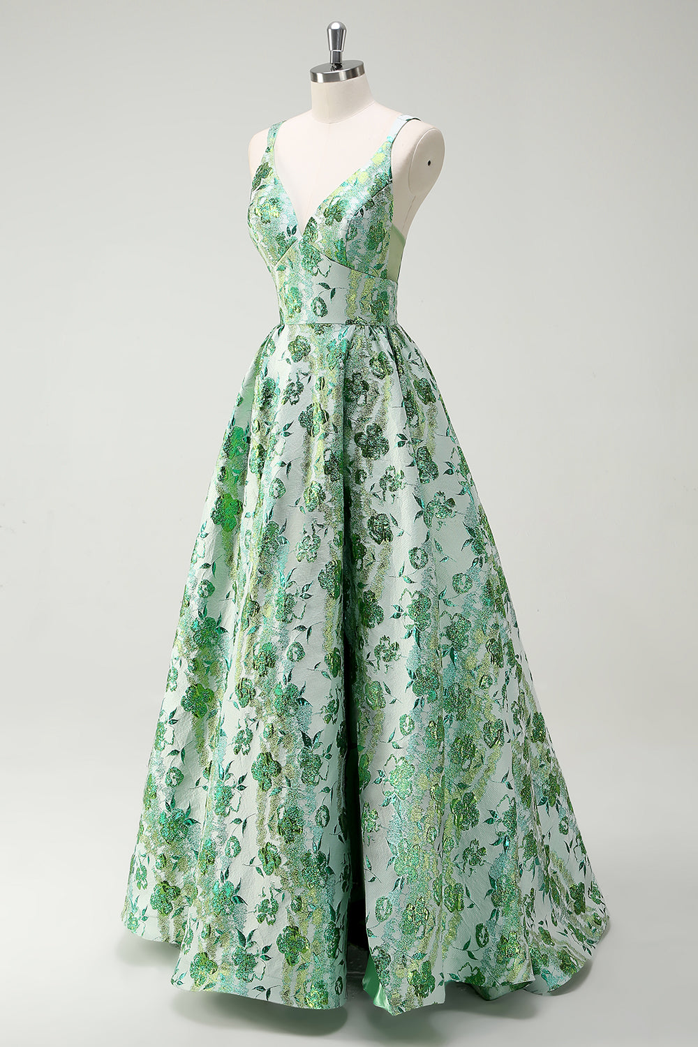 Scintillante verde floreale A-Line Spaghetti Straps lungo Abito da cerimonia