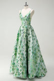 Scintillante verde floreale A-Line Spaghetti Straps lungo Abito da cerimonia