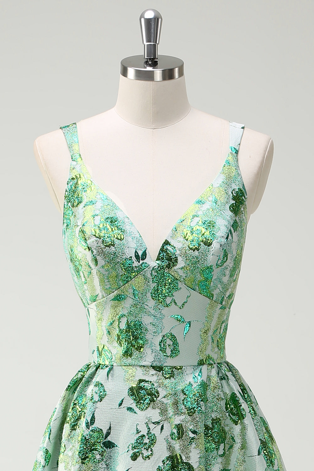 Scintillante verde floreale A-Line Spaghetti Straps lungo Abito da cerimonia