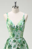 Scintillante verde floreale A-Line Spaghetti Straps lungo Abito da cerimonia