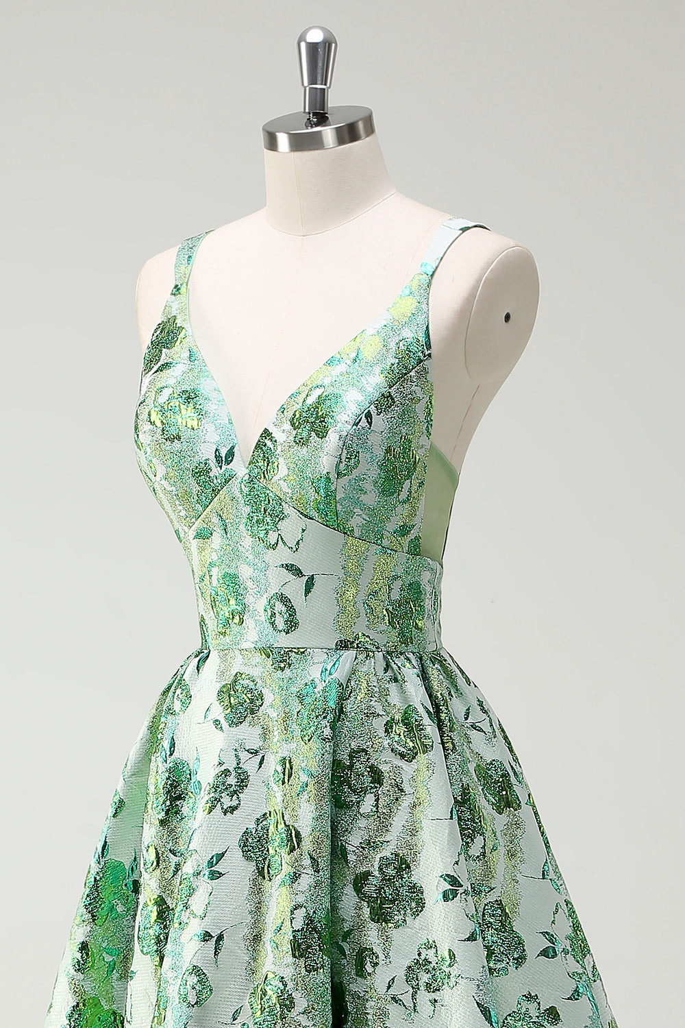 Scintillante verde floreale A-Line Spaghetti Straps lungo Abito da cerimonia