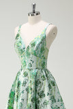 Scintillante verde floreale A-Line Spaghetti Straps lungo Abito da cerimonia
