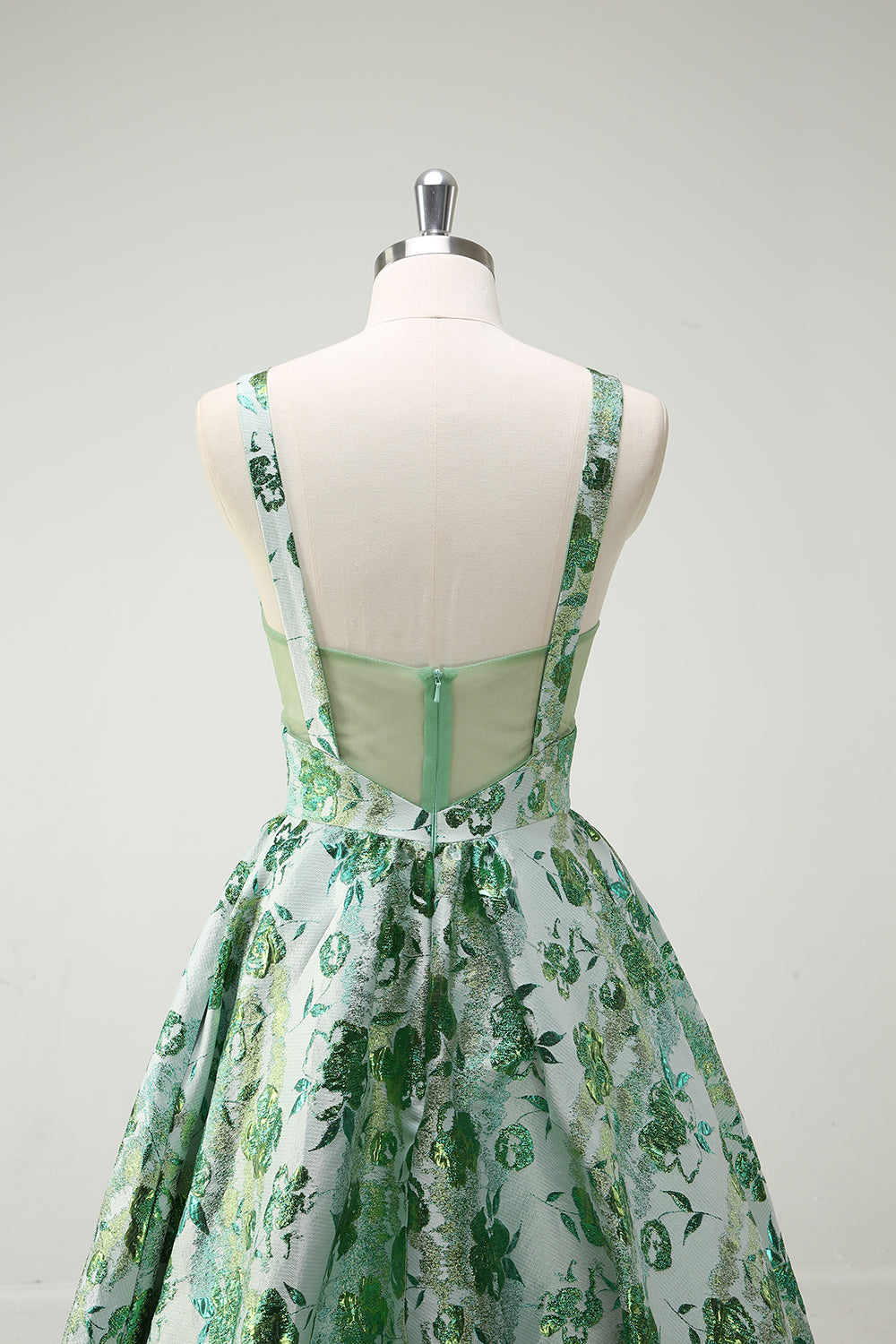 Scintillante verde floreale A-Line Spaghetti Straps lungo Abito da cerimonia