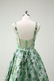 Scintillante verde floreale A-Line Spaghetti Straps lungo Abito da cerimonia