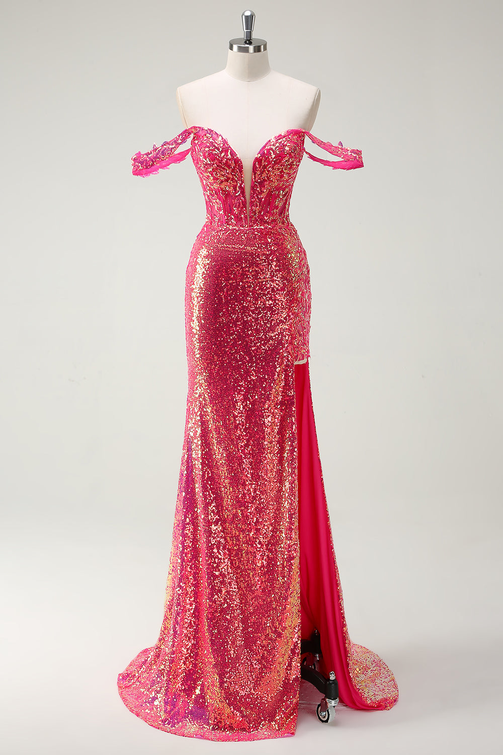 Fucsia sirena paillettes Off The Shoulder Abito da cerimonia