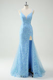 Cielo blu sirena spaghetti cinghie Appliqued lungo Abito da cerimonia con fessura