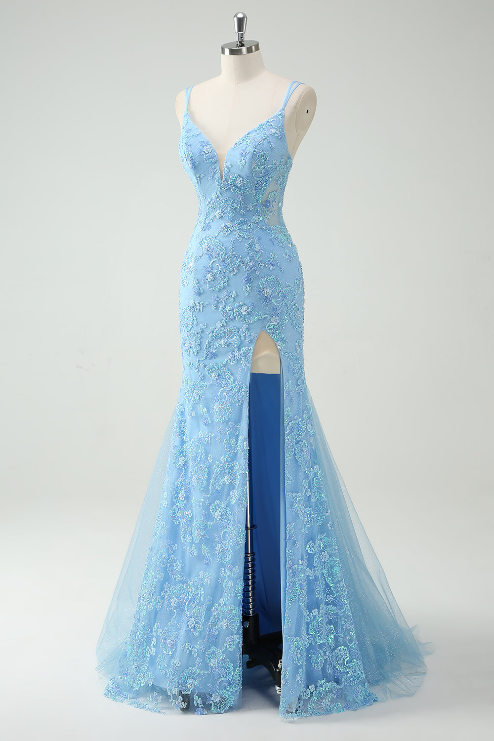 Cielo blu sirena spaghetti cinghie Appliqued lungo Abito da cerimonia con fessura