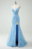 Cielo blu sirena spaghetti cinghie Appliqued lungo Abito da cerimonia con fessura