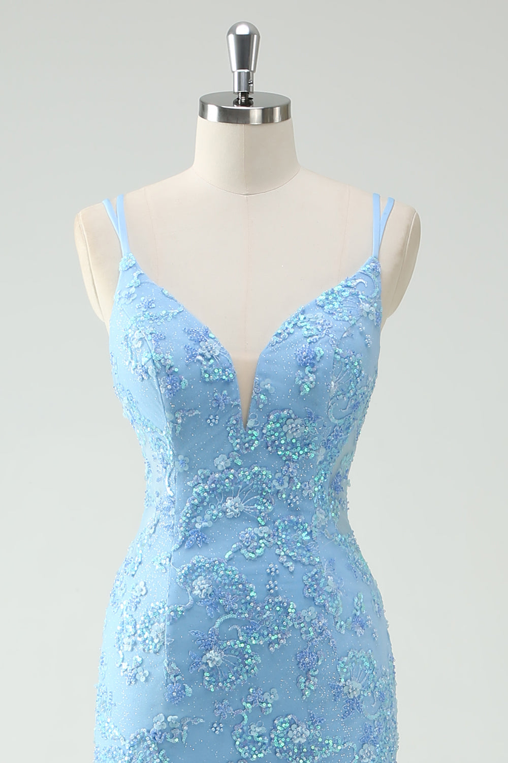 Cielo blu sirena spaghetti cinghie Appliqued lungo Abito da cerimonia con fessura