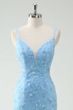 Cielo blu sirena spaghetti cinghie Appliqued lungo Abito da cerimonia con fessura
