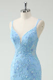 Cielo blu sirena spaghetti cinghie Appliqued lungo Abito da cerimonia con fessura