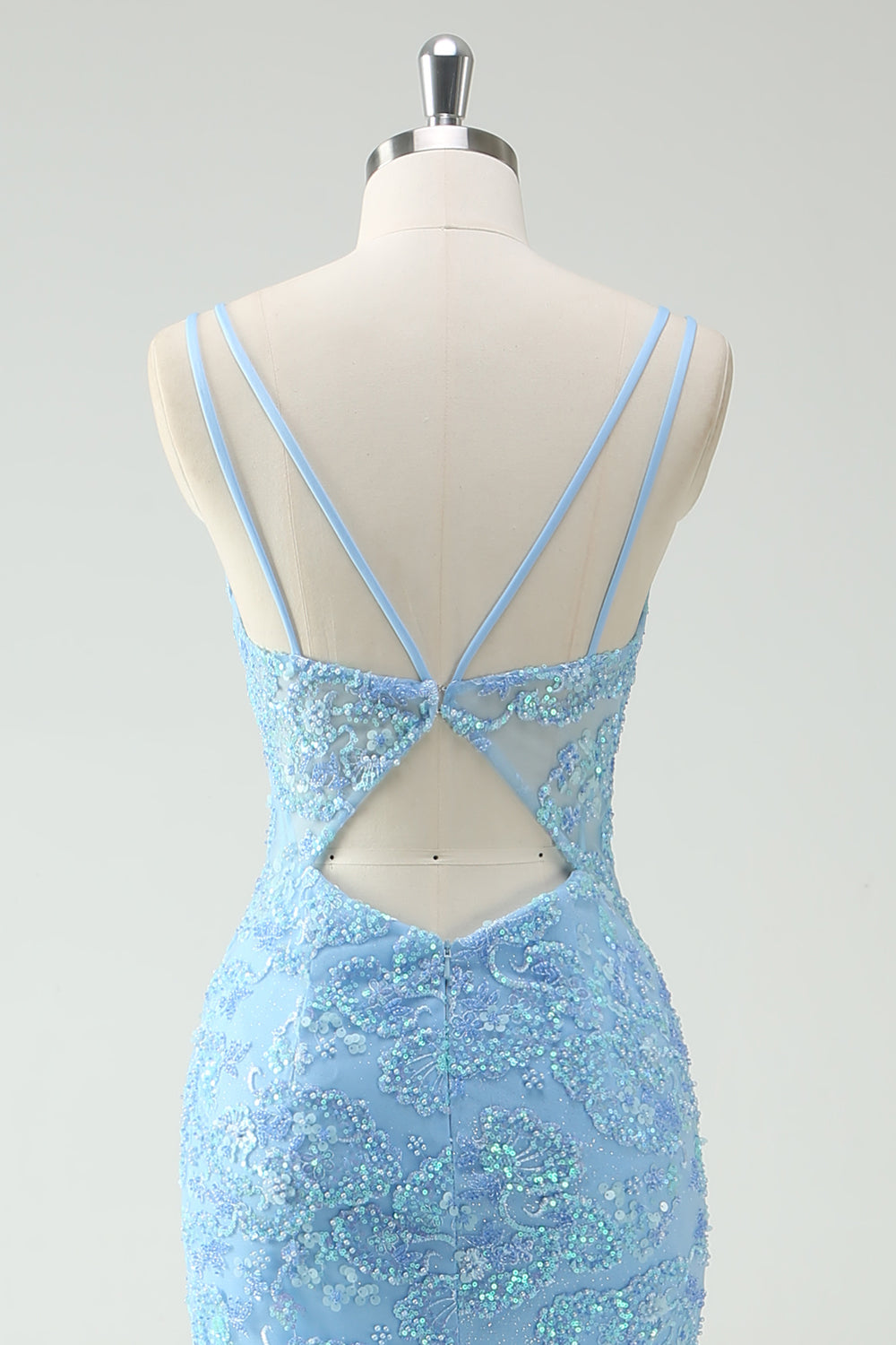 Cielo blu sirena spaghetti cinghie Appliqued lungo Abito da cerimonia con fessura