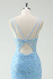 Cielo blu sirena spaghetti cinghie Appliqued lungo Abito da cerimonia con fessura