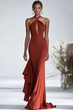 Halter Terracotta Chiffon Increspature Guaina Abito Gala Rosso