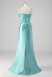 Guaina blu pieghettato Spaghetti Straps Abito lungo da ballo