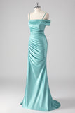 Guaina blu pieghettato Spaghetti Straps Abito lungo da ballo