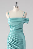 Guaina blu pieghettato Spaghetti Straps Abito lungo da ballo