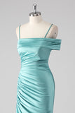 Guaina blu pieghettato Spaghetti Straps Abito lungo da ballo