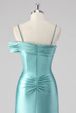 Guaina blu pieghettato Spaghetti Straps Abito lungo da ballo