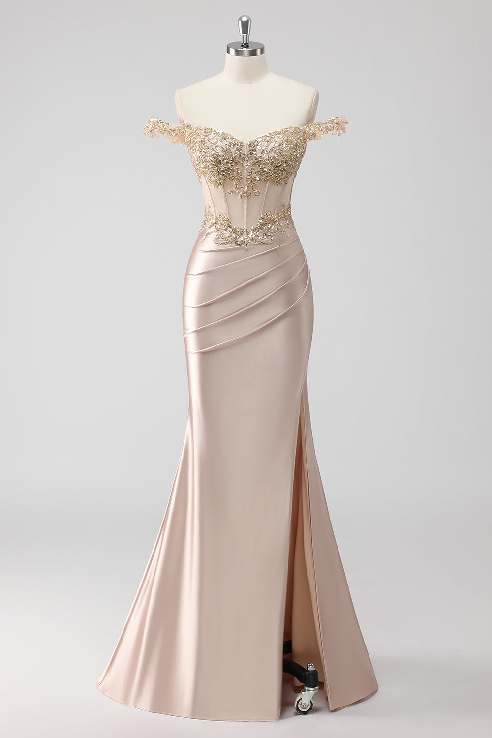 Sparkly Champagne Off the Spalla Corsetto Appliqued Abito da Cerimonia con fessura