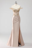 Sparkly Champagne Off the Spalla Corsetto Appliqued Abito da Cerimonia con fessura