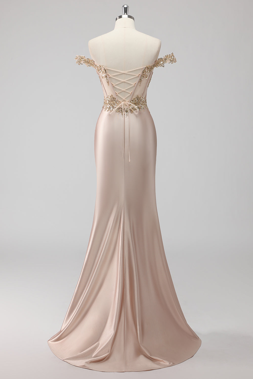 Sparkly Champagne Off the Spalla Corsetto Appliqued Abito da Cerimonia con fessura