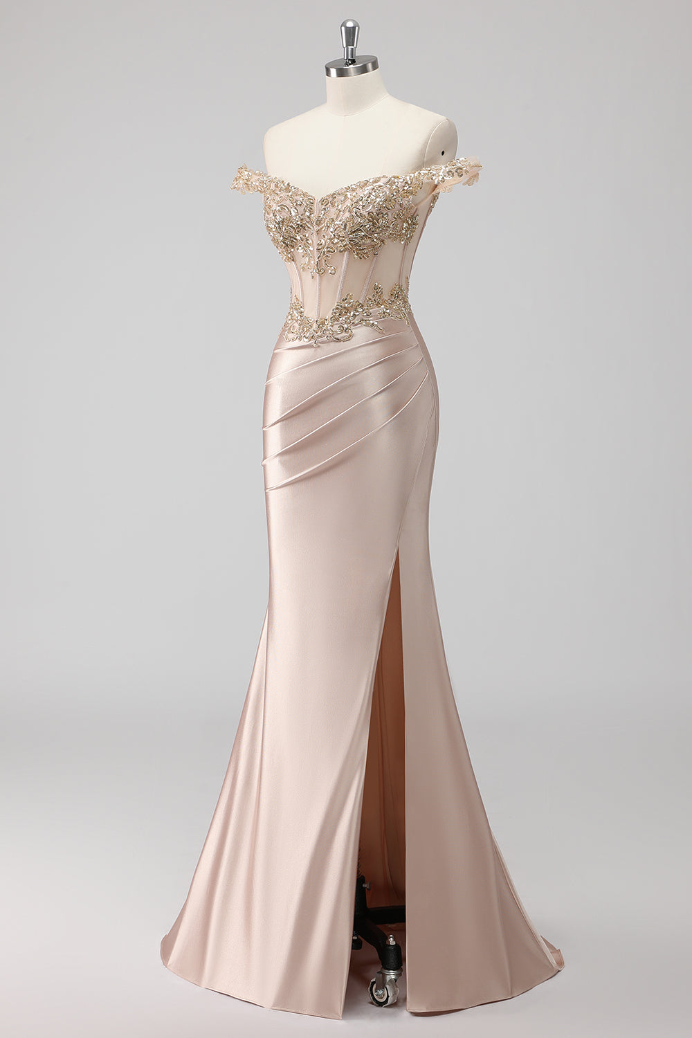 Sparkly Champagne Off the Spalla Corsetto Appliqued Abito da Cerimonia con fessura