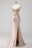 Sparkly Champagne Off the Spalla Corsetto Appliqued Abito da Cerimonia con fessura
