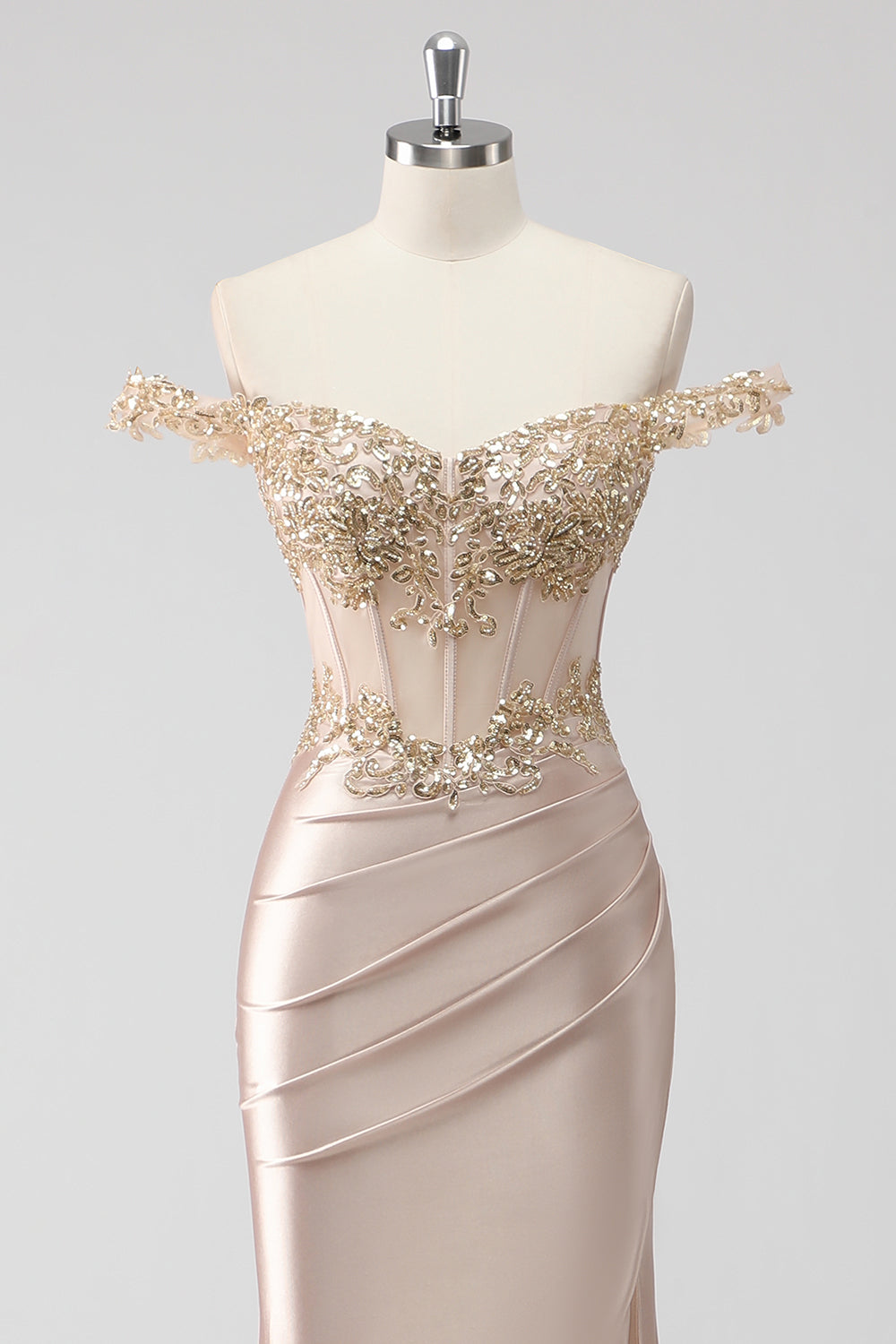 Sparkly Champagne Off the Spalla Corsetto Appliqued Abito da Cerimonia con fessura
