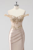 Sparkly Champagne Off the Spalla Corsetto Appliqued Abito da Cerimonia con fessura