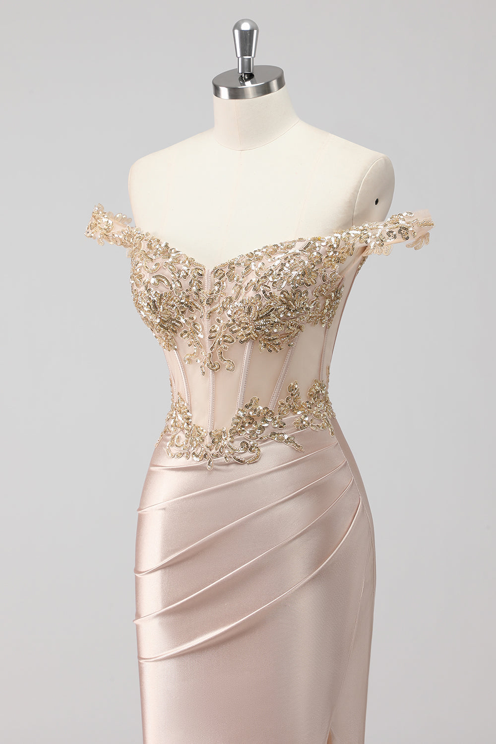 Sparkly Champagne Off the Spalla Corsetto Appliqued Abito da Cerimonia con fessura