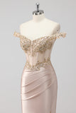 Sparkly Champagne Off the Spalla Corsetto Appliqued Abito da Cerimonia con fessura