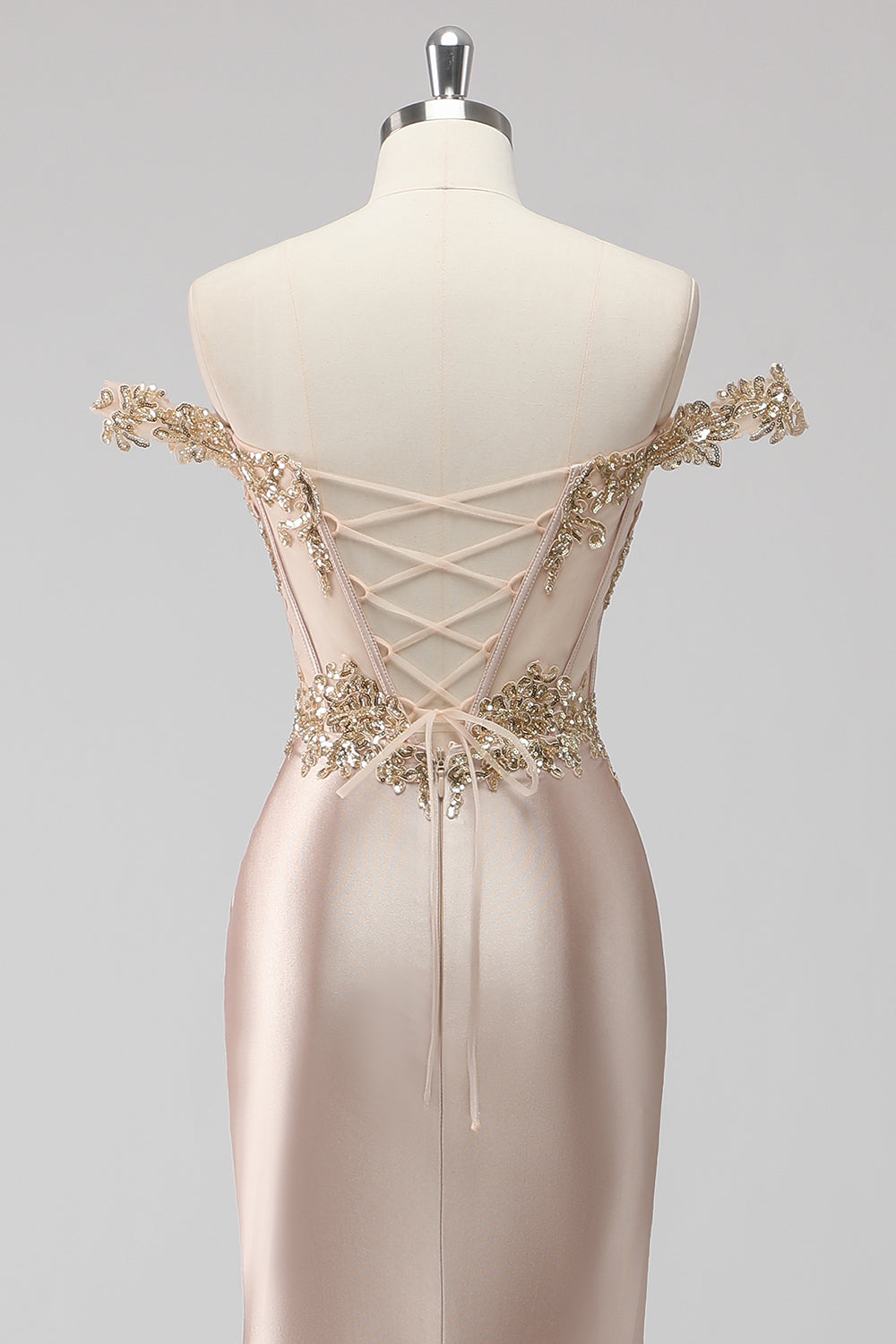 Sparkly Champagne Off the Spalla Corsetto Appliqued Abito da Cerimonia con fessura