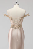 Sparkly Champagne Off the Spalla Corsetto Appliqued Abito da Cerimonia con fessura