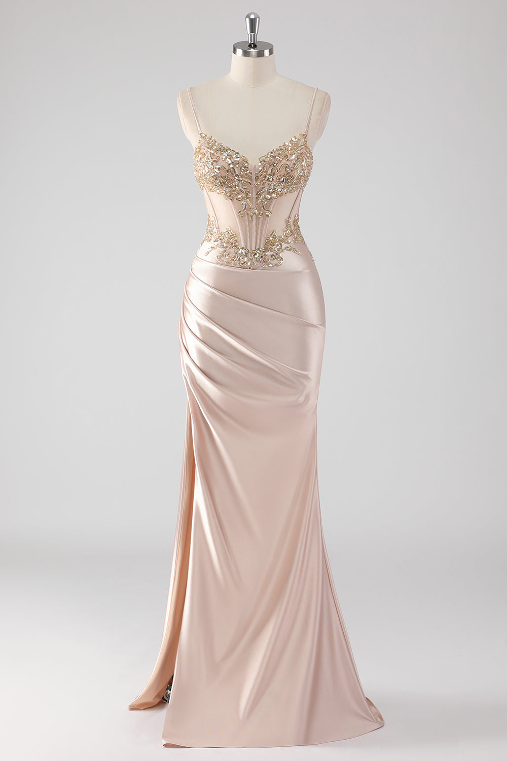 Scintillante Champagne Corsetto Appliques Abito da Cerimonia con fessura