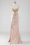 Scintillante Champagne Corsetto Appliques Abito da Cerimonia con fessura