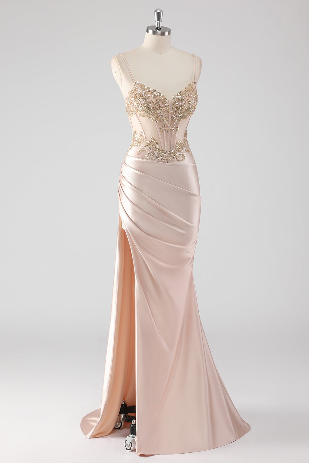 Scintillante Champagne Corsetto Appliques Abito da Cerimonia con fessura