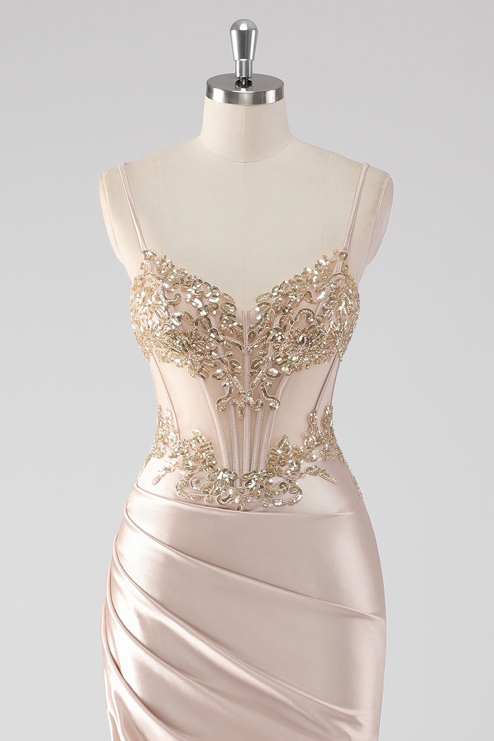 Scintillante Champagne Corsetto Appliques Abito da Cerimonia con fessura