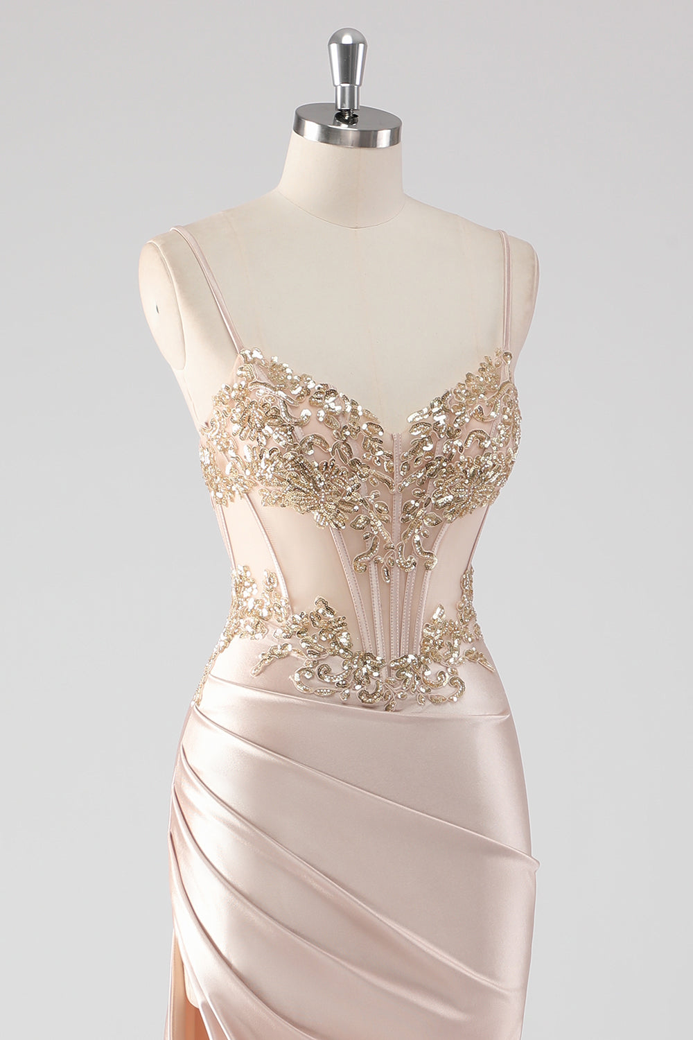 Scintillante Champagne Corsetto Appliques Abito da Cerimonia con fessura