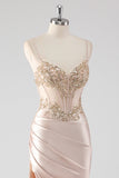 Scintillante Champagne Corsetto Appliques Abito da Cerimonia con fessura