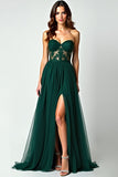 Verde scuro una linea senza spalline pizzo fessura abito lungo Prom