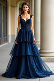 Navy A Line Spaghetti Straps Tiered Lace Abito da ballo lungo