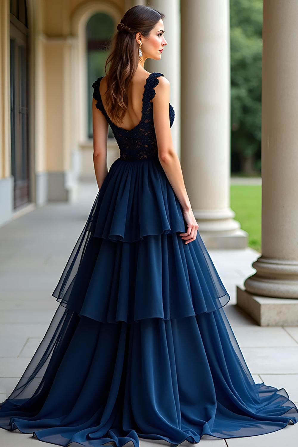 Navy A Line Spaghetti Straps Tiered Lace Abito da ballo lungo