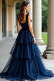 Navy A Line Spaghetti Straps Tiered Lace Abito da ballo lungo