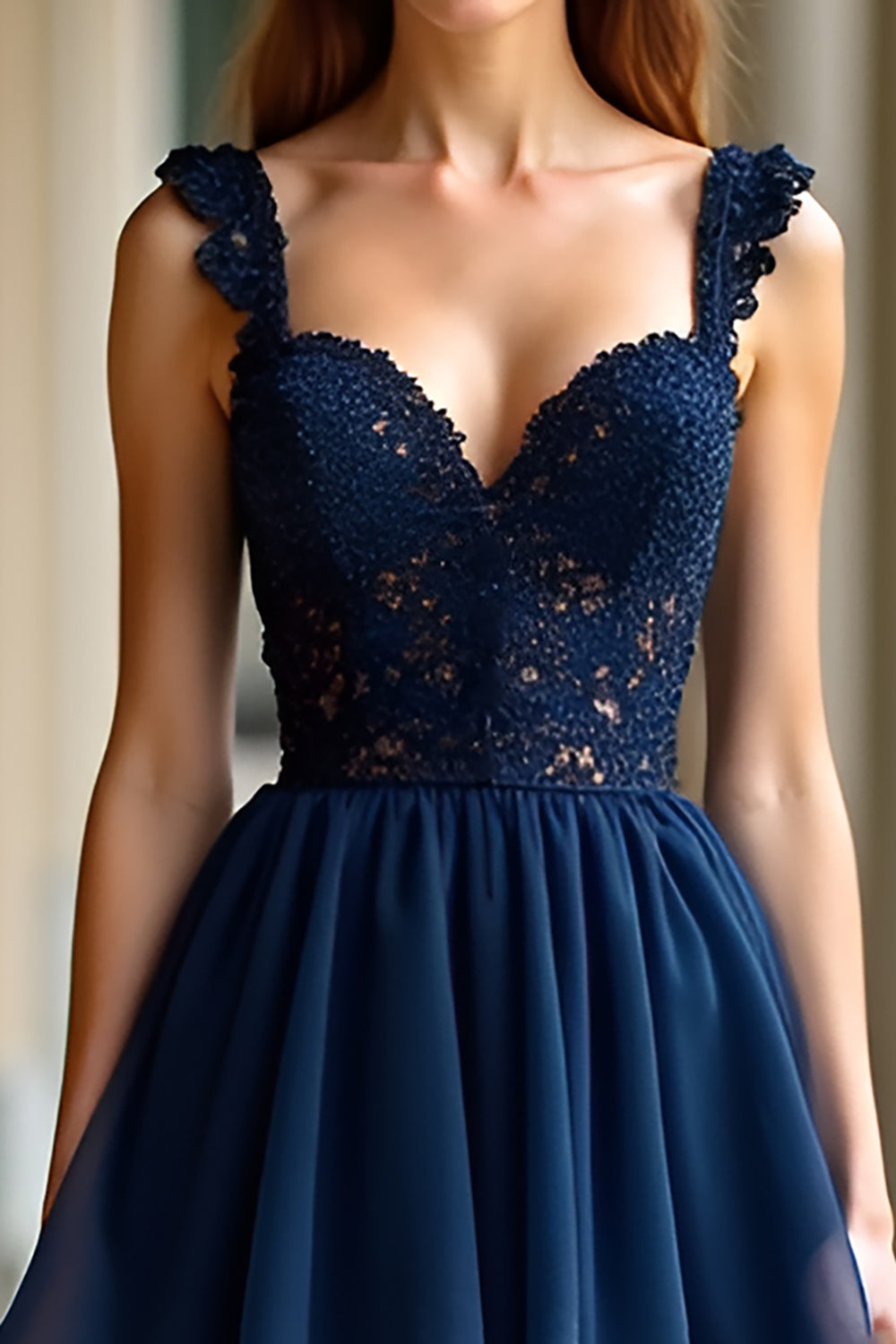 Navy A Line Spaghetti Straps Tiered Lace Abito da ballo lungo
