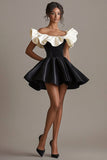 A Line Satin Off the Shoulder Abito corto nero