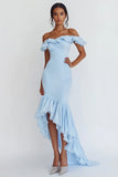 sirena cielo blu Off The Shoulder Ruffles abito lungo formale